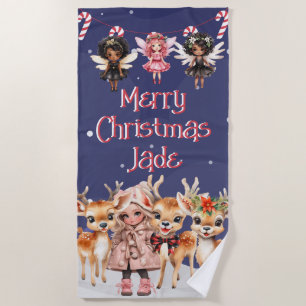 Merry Christmas Reindeer Peppermint Fairy w/ Name Beach Towel