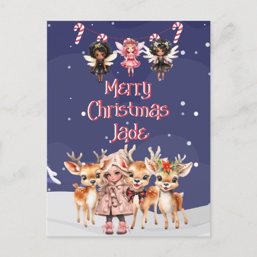Merry Christmas Reindeer Peppermint Fairy w Name Holiday Postcard