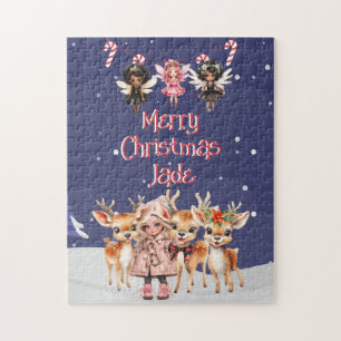 Merry Christmas Reindeer Peppermint Fairy w/ Name Jigsaw Puzzle