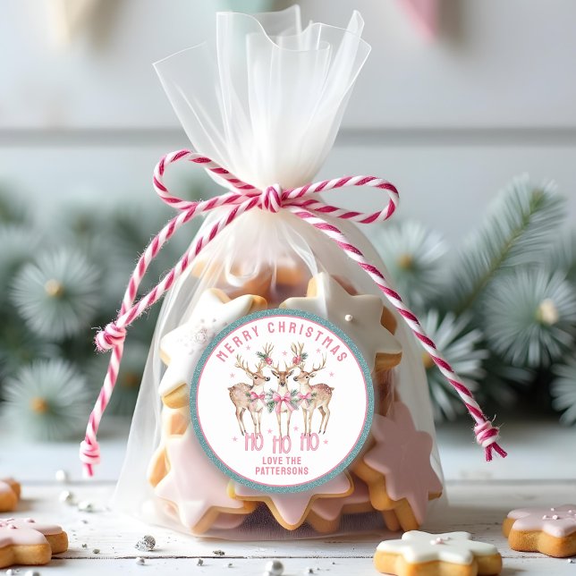 Merry Christmas Reindeer Personalized Name Classic Round Sticker (Creator Uploaded)