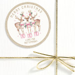 Merry Christmas Reindeer Personalized Name Classic Round Sticker<br><div class="desc">Merry Christmas Reindeer Festive Modern Personalized Name Stickers features festive reindeer with pink bows and floral accents with the text "Merry Christmas" in modern gold calligraphy script typography with your personalized name. Perfect personalized stickers to place on gifts, envelopes, seals and more for Christmas and the holidays for family and...</div>