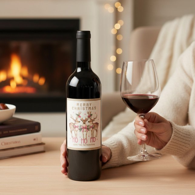 Merry Christmas Reindeer Personalized Name Wine Label (Creator Uploaded)