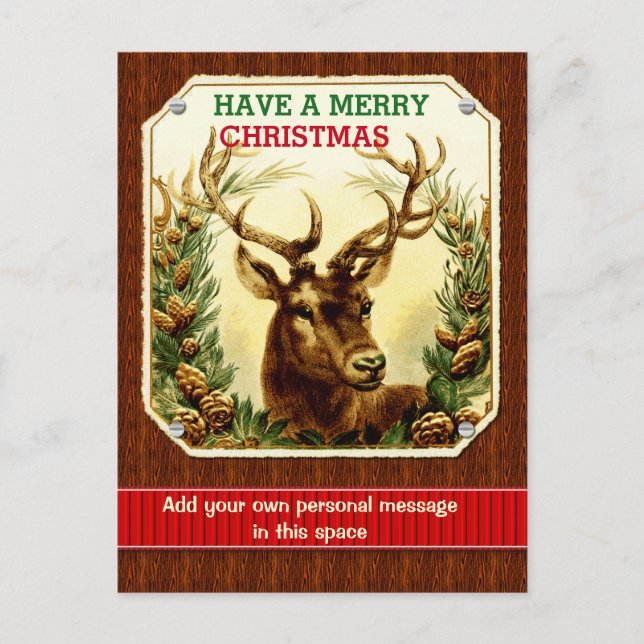 Merry Christmas Reindeer Personalized Wood Grain Holiday Postcard (Front)