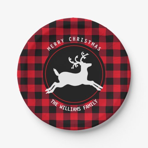 Merry Christmas Reindeer Red Black Buffalo Check Paper Plates