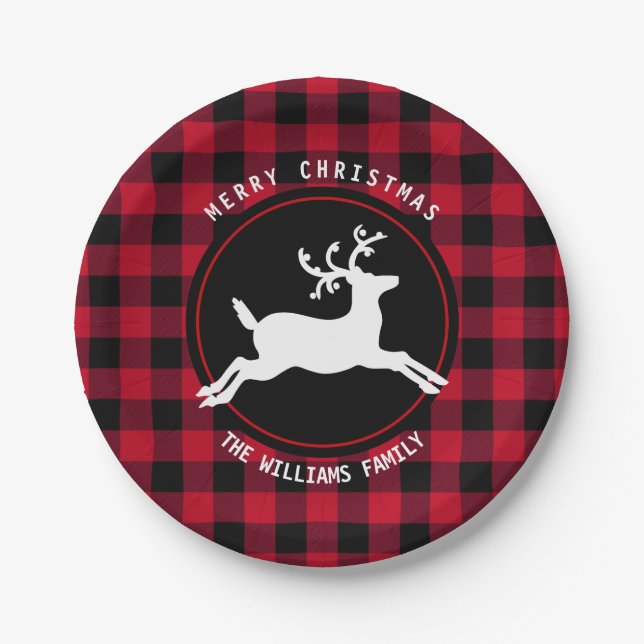 Merry Christmas Reindeer Red Black Buffalo Check Paper Plates (Front)