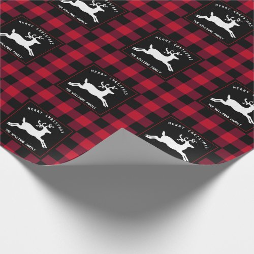 Merry Christmas Reindeer Red Black Buffalo Check Wrapping Paper