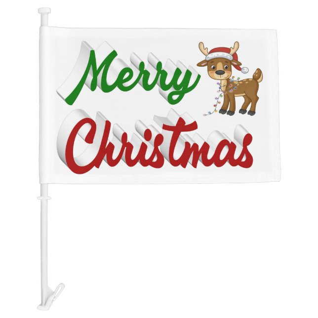 Merry Christmas Reindeer red green script  Car Flag (Front)