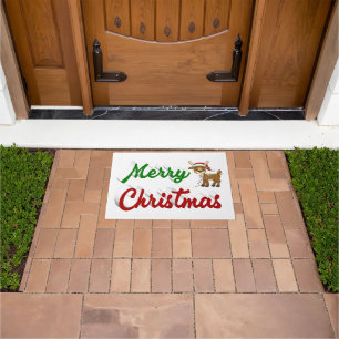 Merry Christmas Reindeer red green script Doormat