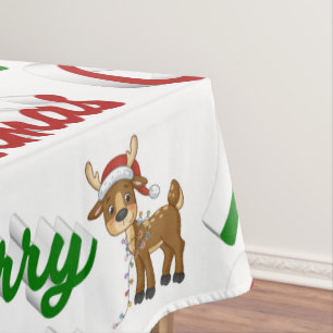 Merry Christmas Reindeer red green script  Tablecloth