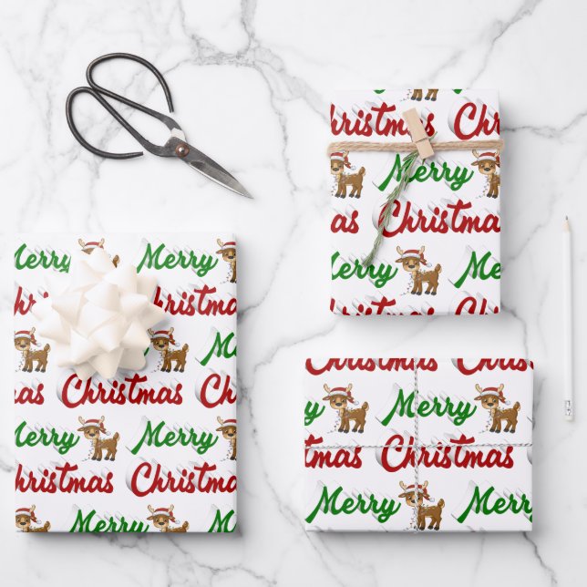 Merry Christmas Reindeer red green script Wrapping Paper Sheets (Front)