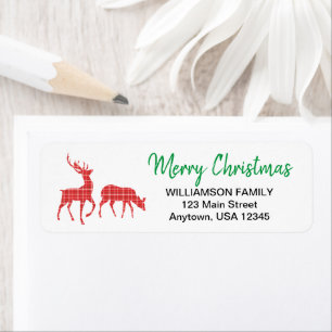 Merry Christmas Reindeer Red Plaid Pattern Label