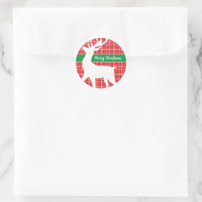 Merry Christmas Reindeer Red Plaid Twill Pattern Classic Round Sticker (Bag)