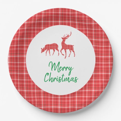 Merry Christmas Reindeer Red White Twill Plaid Paper Plates
