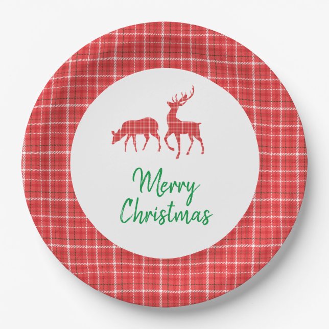Merry Christmas Reindeer Red White Twill Plaid Paper Plates (Front)