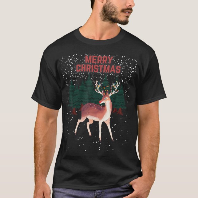Merry Christmas Reindeer Rudolph Angled Christmas  T-Shirt (Front)