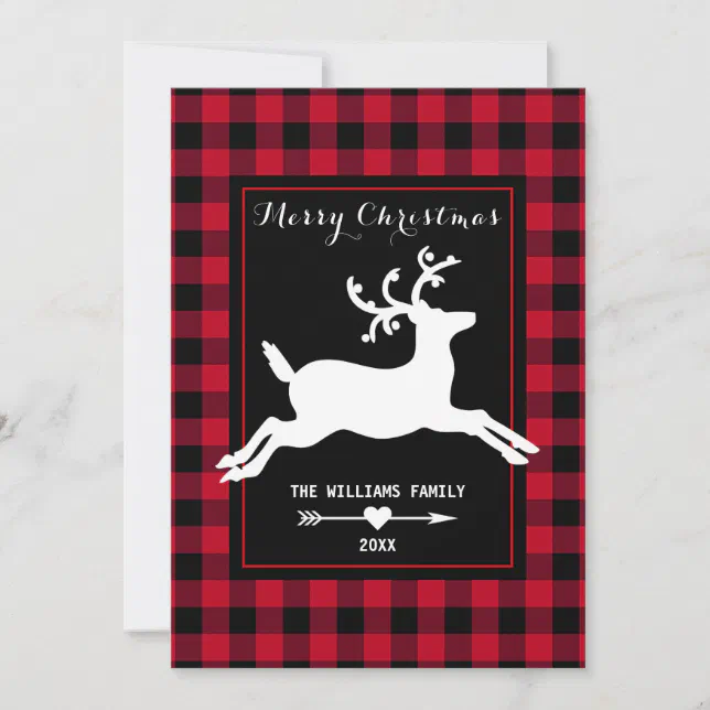 Merry Christmas Reindeer Rustic Red Buffalo Check Holiday Card | Zazzle