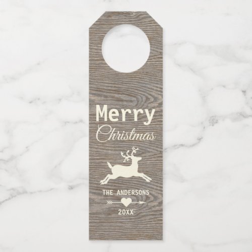 Merry Christmas Reindeer Rustic Weathered Wood Bottle Hanger Tag