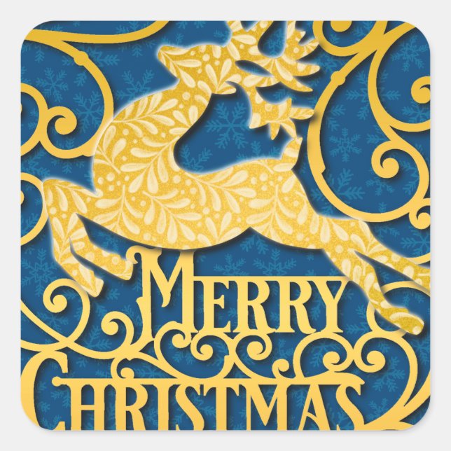 Merry Christmas Reindeer Silhouettes Snowflake Square Sticker (Front)