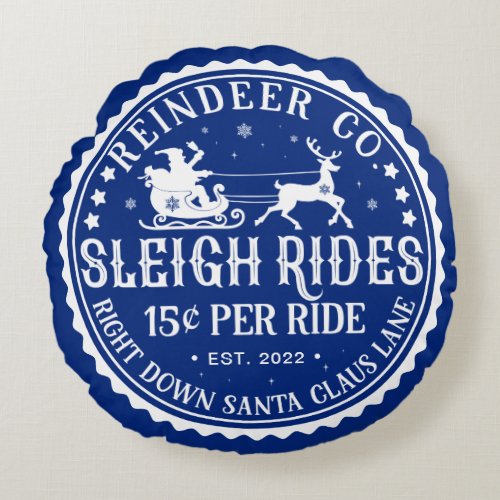 MERRY CHRISTMAS Reindeer Sleigh Rides Round Pillow