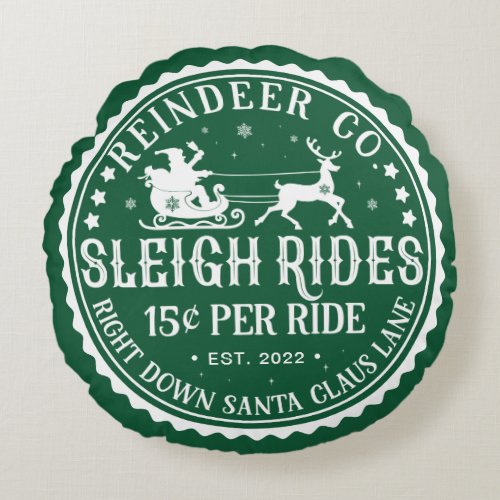 MERRY CHRISTMAS Reindeer Sleigh Rides Round Pillow