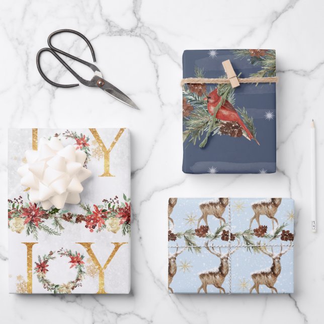 Merry Christmas Reindeer Snow Poinsettia Joy Gold Wrapping Paper Sheets (Front)