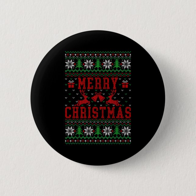 Merry Christmas Reindeer Snowflake Ugly Christmas  Button (Front)