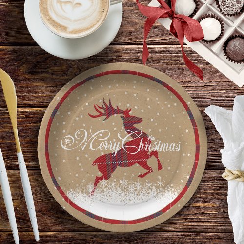 Merry Christmas Reindeer Tartan RedKraft ID590 Paper Plates