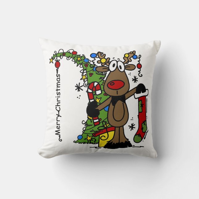 Merry Christmas Reindeer Throw Pillow (Front)