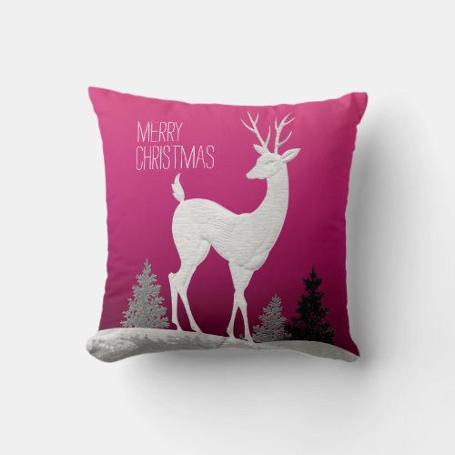 Merry Christmas Reindeer vintage  fuchsia Throw Pillow
