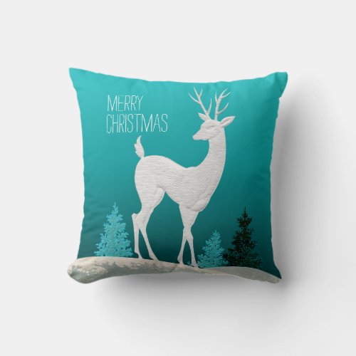 Merry Christmas Reindeer vintage  teal Throw Pillow