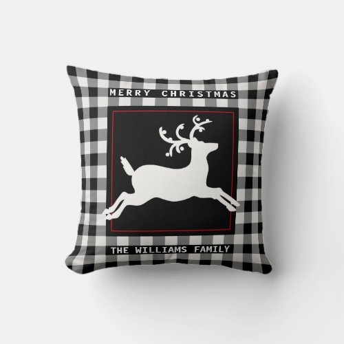 Merry Christmas Reindeer White Black Buffalo Check Throw Pillow