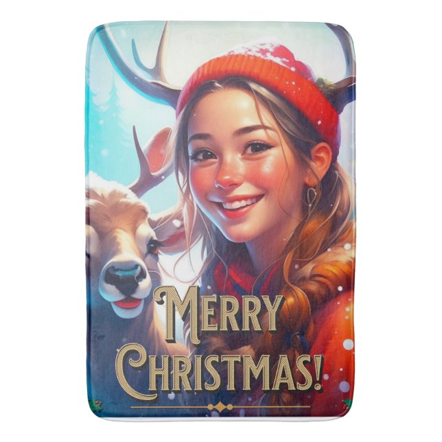 MERRY CHRISTMAS REINDEER WITH HAPPY GIRL BATH MAT (Front Vertical)