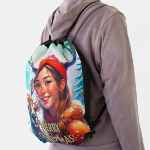 MERRY CHRISTMAS REINDEER WITH HAPPY GIRL DRAWSTRING BAG