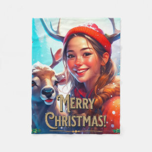 MERRY CHRISTMAS REINDEER WITH HAPPY GIRL FLEECE BLANKET