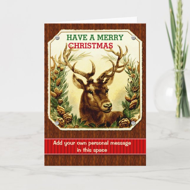 Merry Christmas Reindeer with Inside Photo Custom Holiday Card (Front)