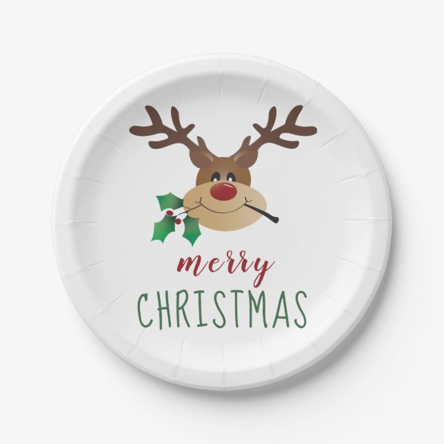 Merry Christmas Reindeer With Mistletoe Paper Plates (Front)
