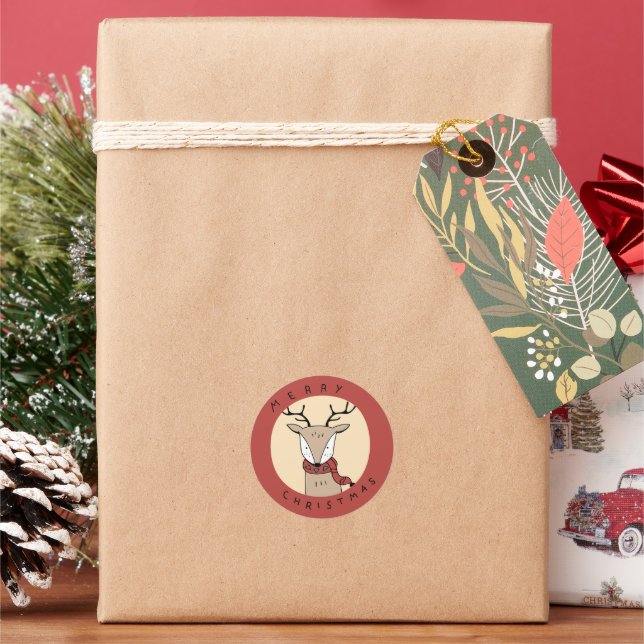 Merry Christmas Reindeer with Scarf Classic Round Sticker (Holiday)