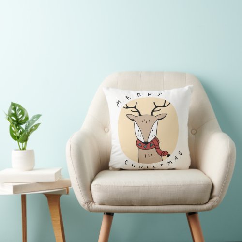 Merry Christmas Reindeer with Scarf with Lights Throw Pillow