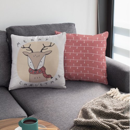 Merry Christmas Reindeer with Scarf with Lights Throw Pillow