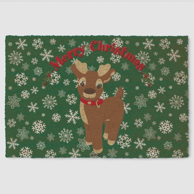 Merry Christmas Reindeer with Snowflakes Fiber Doormat (Front)