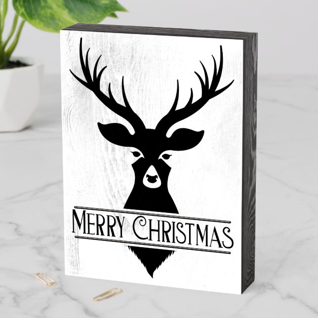 Merry Christmas Reindeer Wooden Box Sign (In Situ Vertical)