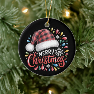 Merry Christmas Reindeer Xmas Family Red Plaid Ceramic Ornament