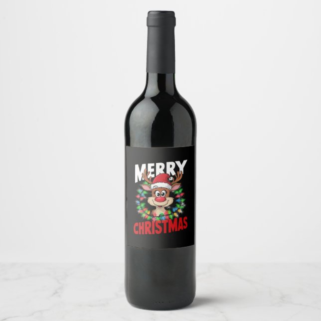 Merry Christmas Reindeer Xmas Holiday Wine Label (Front)