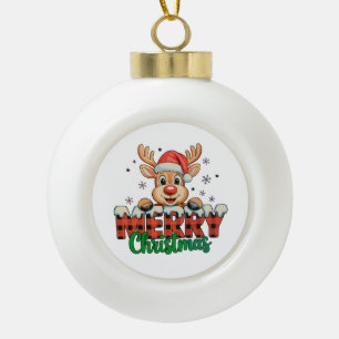 Merry Christmas Reindeer Xmas Red Plaid Buffalo Ceramic Ball Christmas Ornament