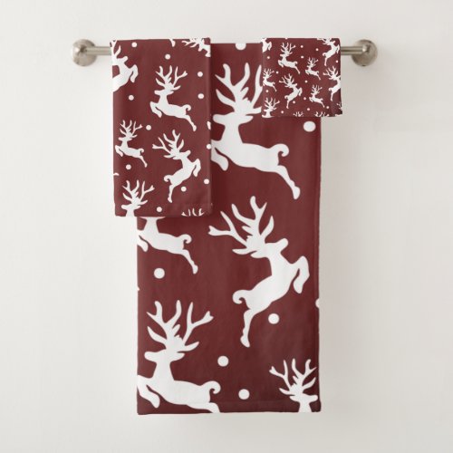 Merry Christmas Reindeers Dark Red Throw  Bath  Bath Towel Set