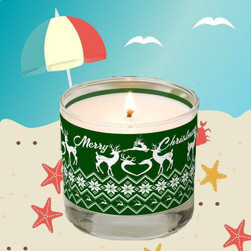 Merry Christmas Reindeers Floral Motif Dark Green  Scented Candle