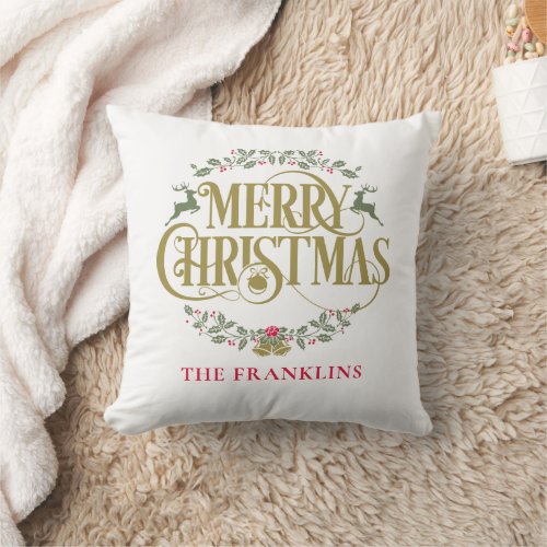 Merry Christmas Reindeers Personalized Family Throw Pillow