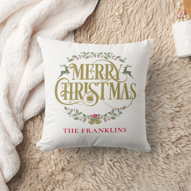 Merry Christmas Reindeers Personalized Family Throw Pillow (Blanket)