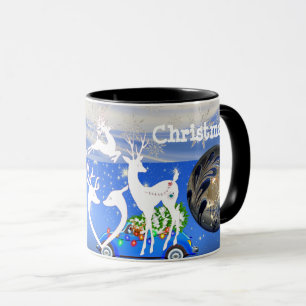 Merry Christmas Reindeers Pristine Snowflakes Blue Mug
