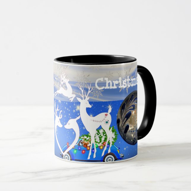Merry Christmas Reindeers Pristine Snowflakes Blue Mug (Front Right)